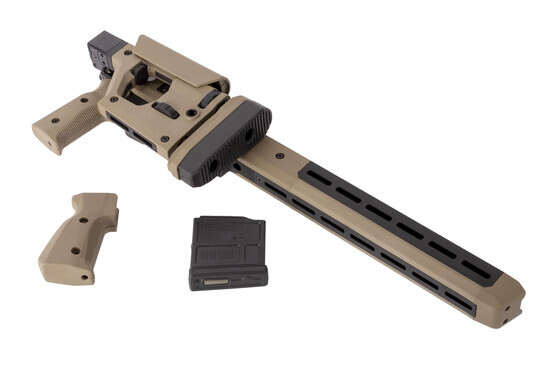 Magpul FDE Pro 700 Remington 700 short action rifle chassis is M-LOK compatible, includes an alternate grip, and a 5 round AICS mag.